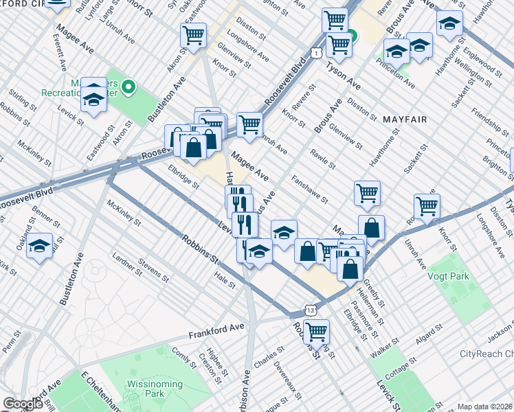 map of restaurants, bars, coffee shops, grocery stores, and more near 2849 Gilham Street in Philadelphia