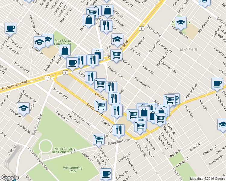 map of restaurants, bars, coffee shops, grocery stores, and more near 2812 Hellerman Street in Philadelphia