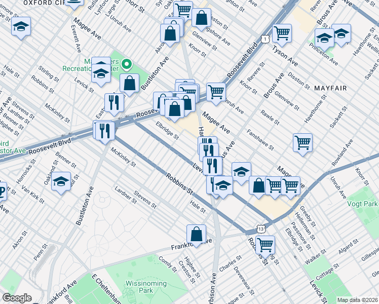 map of restaurants, bars, coffee shops, grocery stores, and more near 2741 Elbridge Street in Philadelphia
