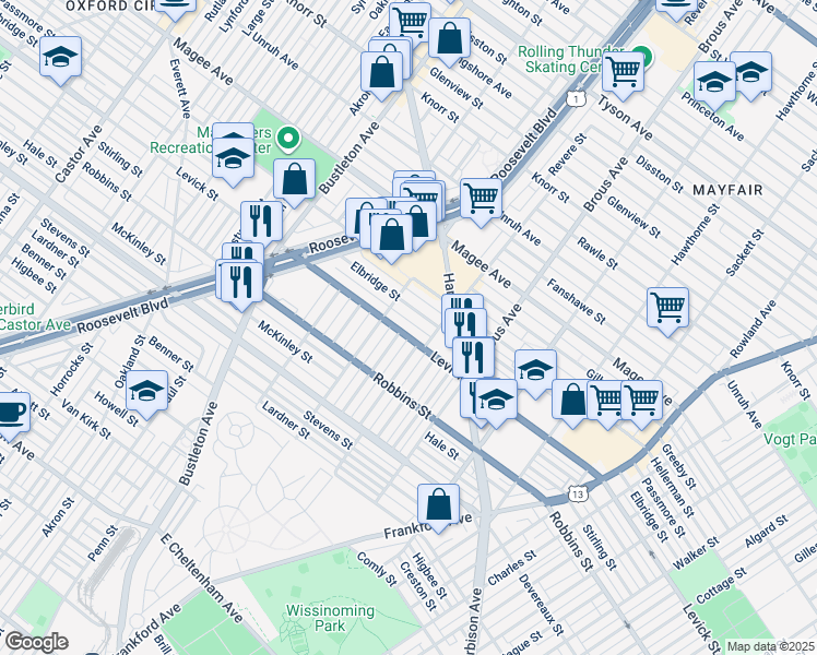 map of restaurants, bars, coffee shops, grocery stores, and more near 2705 Levick Street in Philadelphia