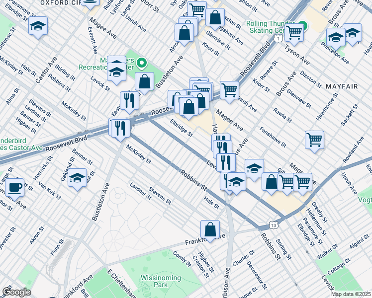 map of restaurants, bars, coffee shops, grocery stores, and more near 2705 Levick Street in Philadelphia