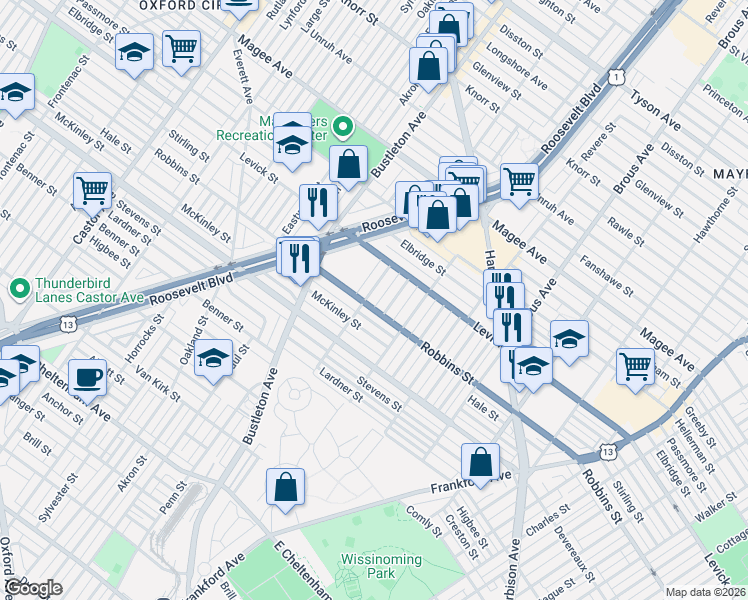 map of restaurants, bars, coffee shops, grocery stores, and more near 6316 Leonard Street in Philadelphia