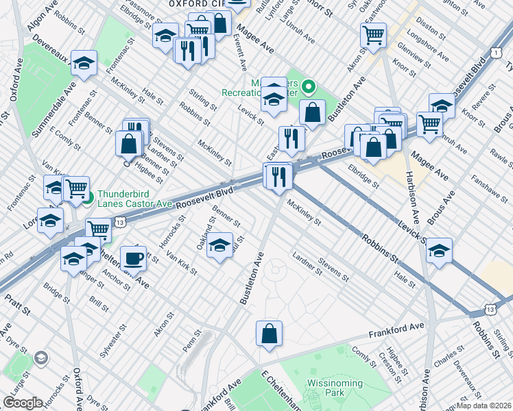map of restaurants, bars, coffee shops, grocery stores, and more near 1915 Devereaux Avenue in Philadelphia
