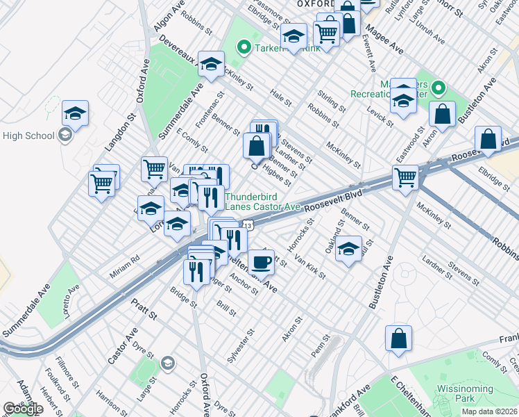 map of restaurants, bars, coffee shops, grocery stores, and more near 1438 East Comly Street in Philadelphia