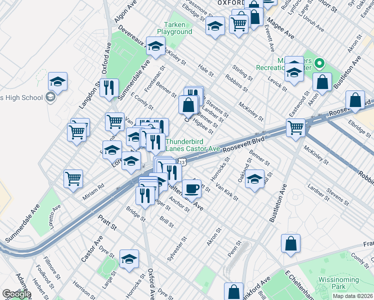 map of restaurants, bars, coffee shops, grocery stores, and more near 1438 East Comly Street in Philadelphia