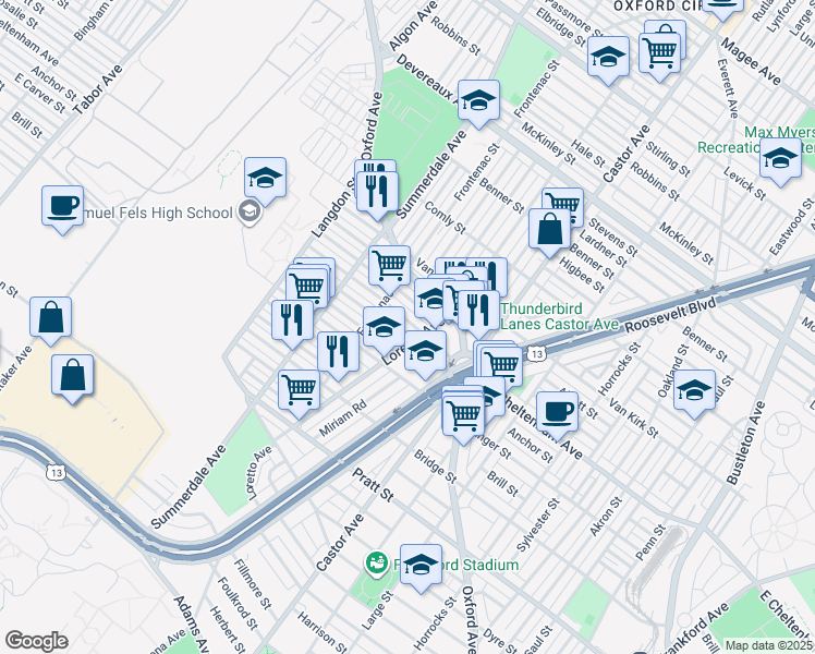 map of restaurants, bars, coffee shops, grocery stores, and more near 1205 East Cheltenham Avenue in Philadelphia