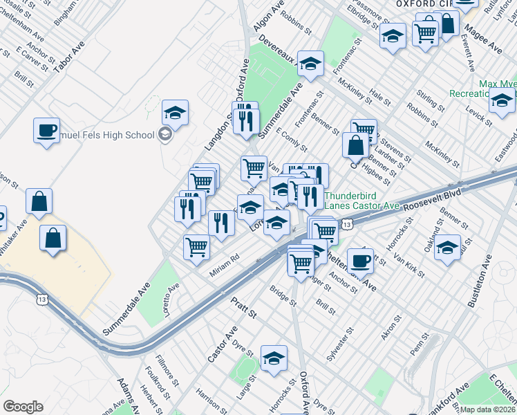 map of restaurants, bars, coffee shops, grocery stores, and more near 1205 East Cheltenham Avenue in Philadelphia