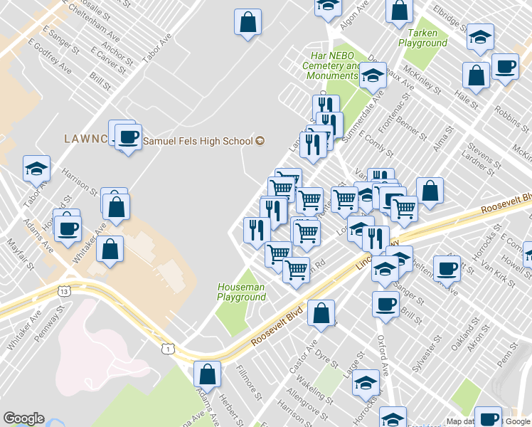 map of restaurants, bars, coffee shops, grocery stores, and more near 877 Brill Street in Philadelphia
