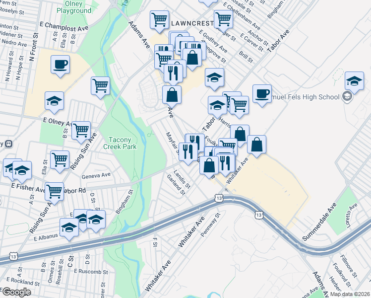 map of restaurants, bars, coffee shops, grocery stores, and more near 663 Mayfair Street in Philadelphia