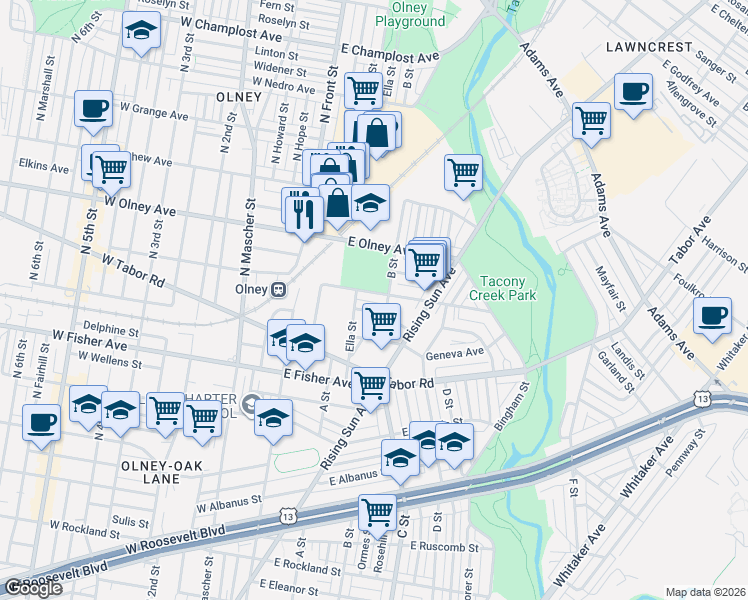 map of restaurants, bars, coffee shops, grocery stores, and more near 220 East Clarkson Avenue in Philadelphia