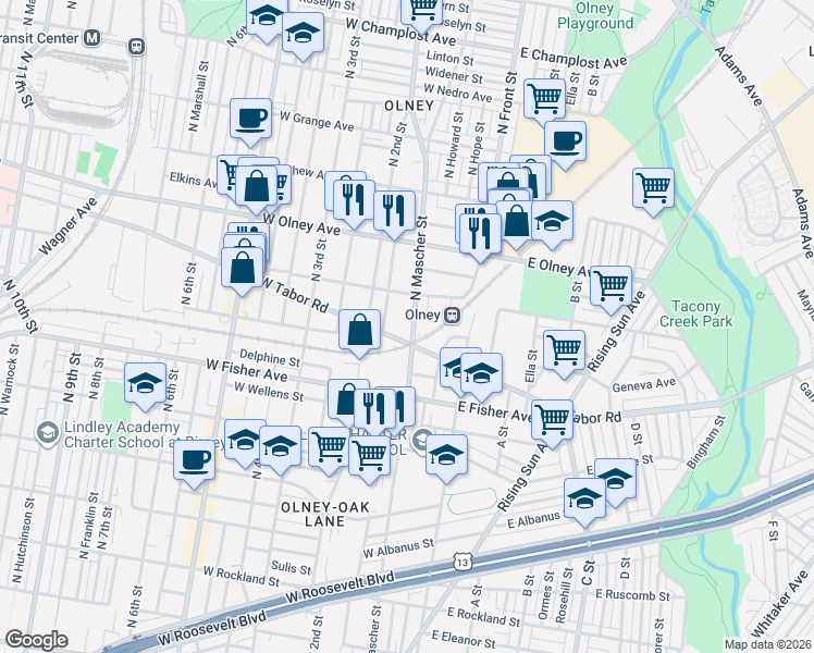 map of restaurants, bars, coffee shops, grocery stores, and more near 5426 North Mascher Street in Philadelphia