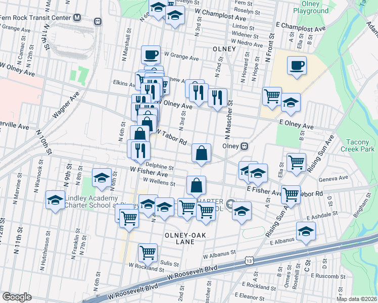 map of restaurants, bars, coffee shops, grocery stores, and more near 238 West Tabor Road in Philadelphia