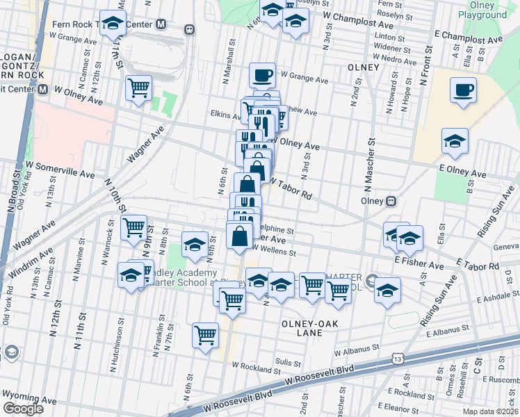 map of restaurants, bars, coffee shops, grocery stores, and more near 5404 North Lawrence Street in Philadelphia