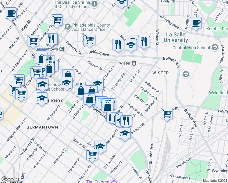 map of restaurants, bars, coffee shops, grocery stores, and more near 213 East Ashmead Street in Philadelphia