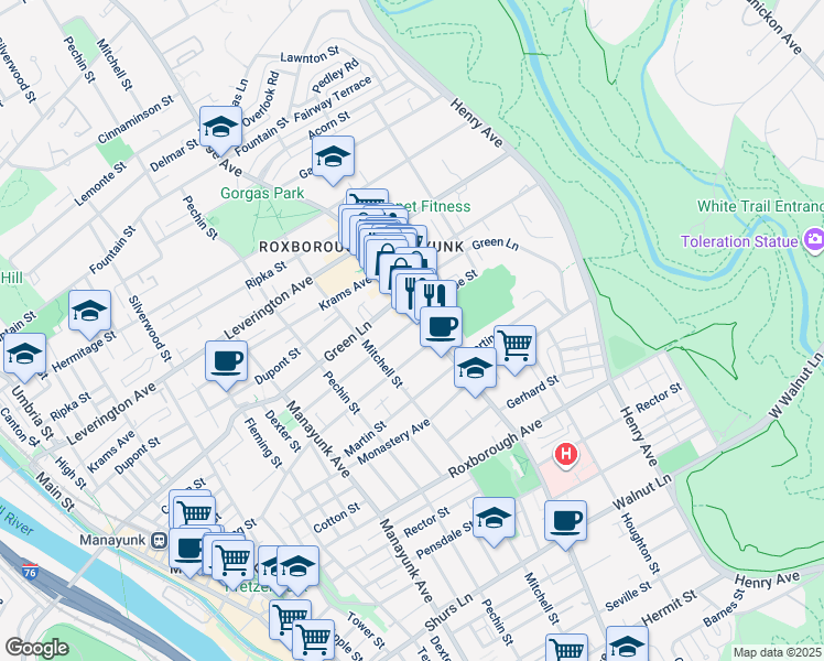 map of restaurants, bars, coffee shops, grocery stores, and more near 475 Green Lane in Philadelphia