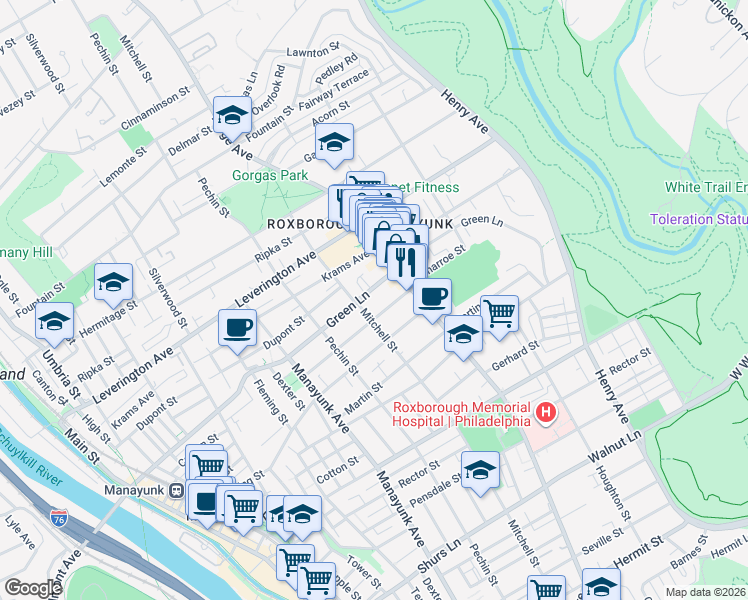 map of restaurants, bars, coffee shops, grocery stores, and more near 464 Green Lane in Philadelphia