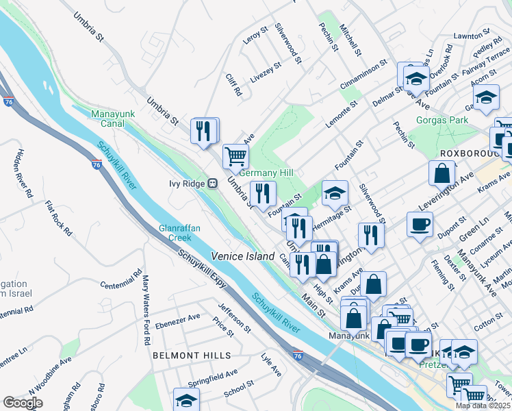 map of restaurants, bars, coffee shops, grocery stores, and more near 4833 Ogle Street in Philadelphia