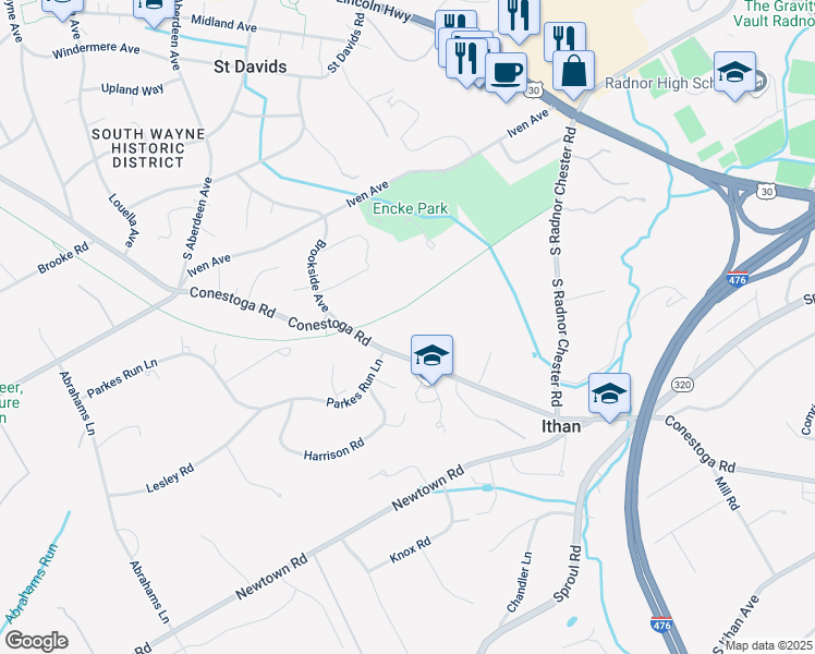 map of restaurants, bars, coffee shops, grocery stores, and more near 501 Conestoga Road in Saint Davids