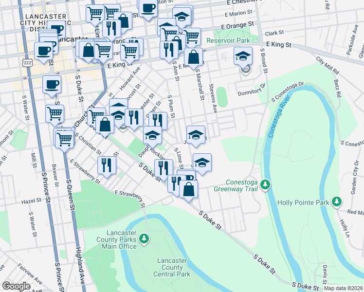 map of restaurants, bars, coffee shops, grocery stores, and more near 749 South Plum Street in Lancaster
