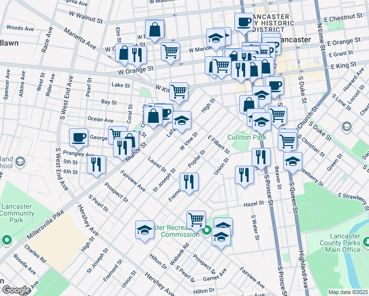 map of restaurants, bars, coffee shops, grocery stores, and more near 614 West Vine Street in Lancaster