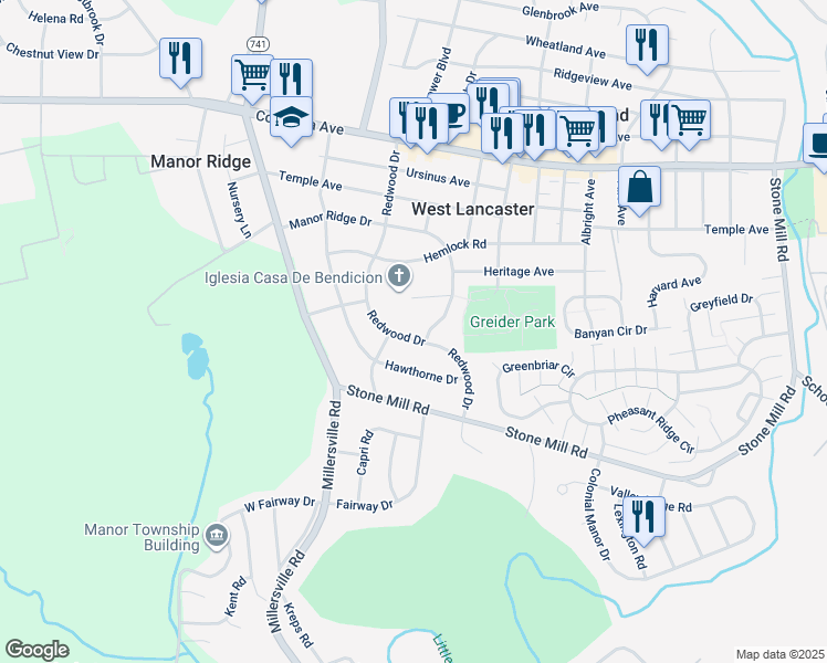 map of restaurants, bars, coffee shops, grocery stores, and more near 407 Redwood Drive in Lancaster