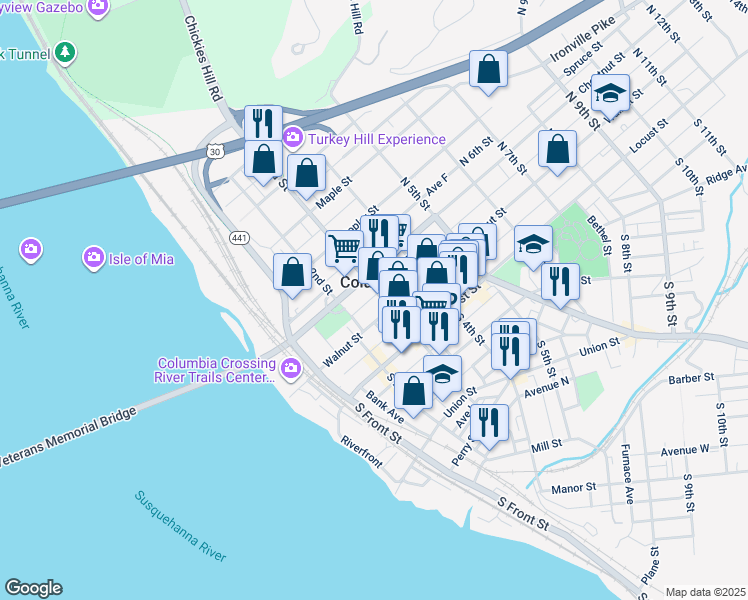 map of restaurants, bars, coffee shops, grocery stores, and more near in Columbia