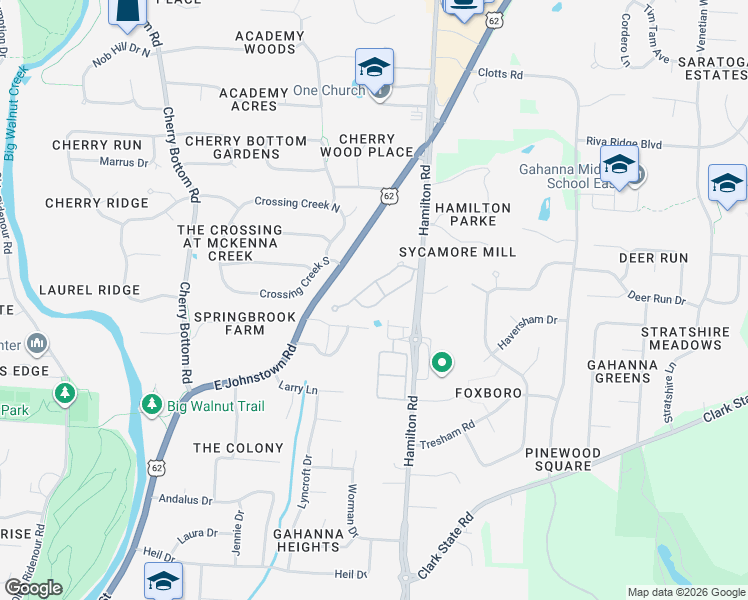 map of restaurants, bars, coffee shops, grocery stores, and more near 341 Sycamore Woods Lane in Gahanna