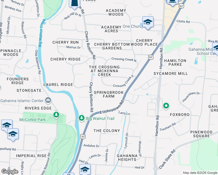 map of restaurants, bars, coffee shops, grocery stores, and more near 664 Crossing Creek South in Columbus