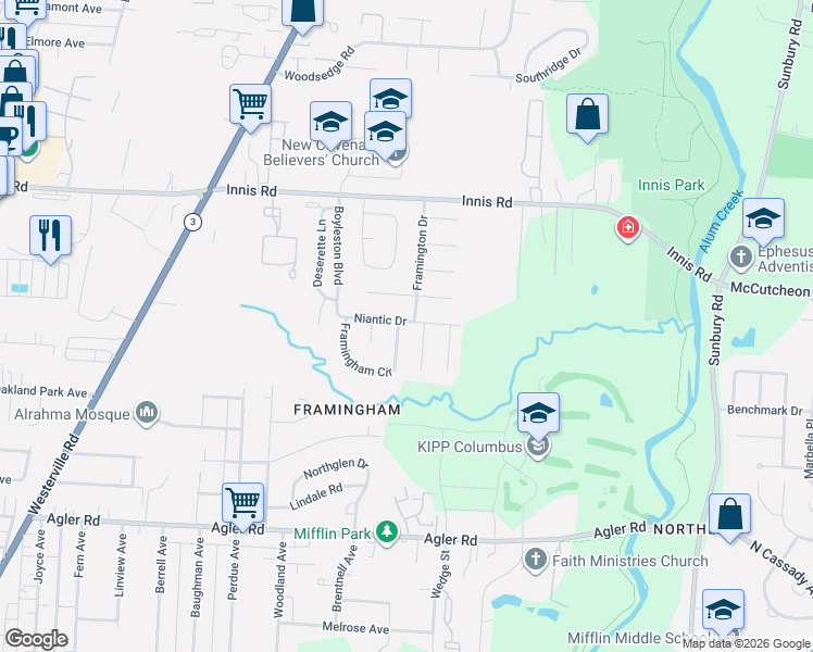 map of restaurants, bars, coffee shops, grocery stores, and more near 2530 Niantic Drive in Columbus