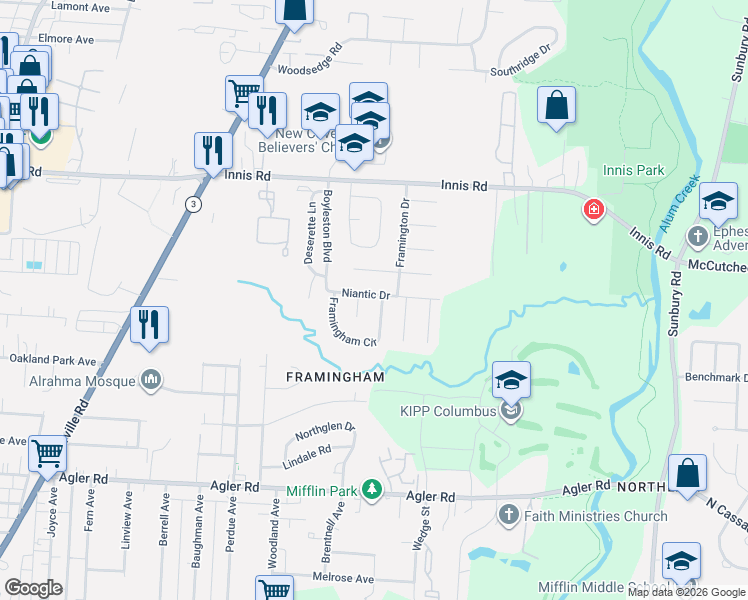 map of restaurants, bars, coffee shops, grocery stores, and more near 2530 Niantic Drive in Columbus