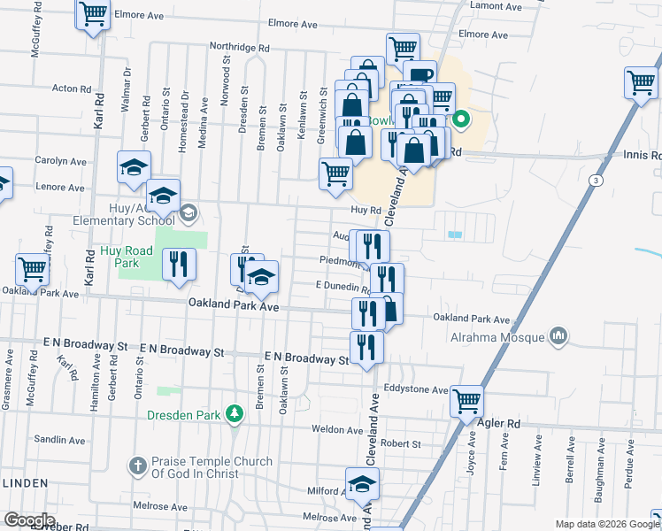 map of restaurants, bars, coffee shops, grocery stores, and more near 1740 Piedmont Road in Columbus