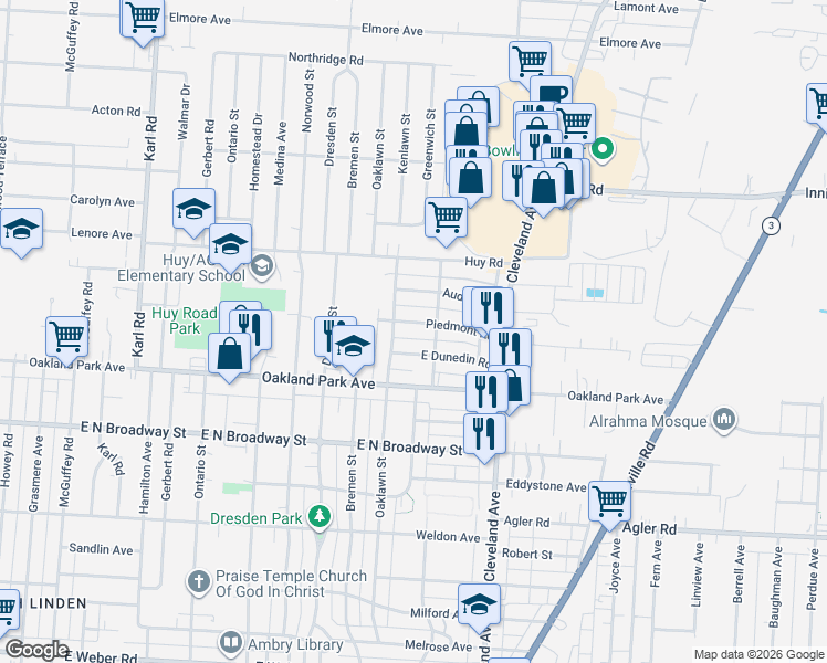 map of restaurants, bars, coffee shops, grocery stores, and more near 1688 Piedmont Road in Columbus
