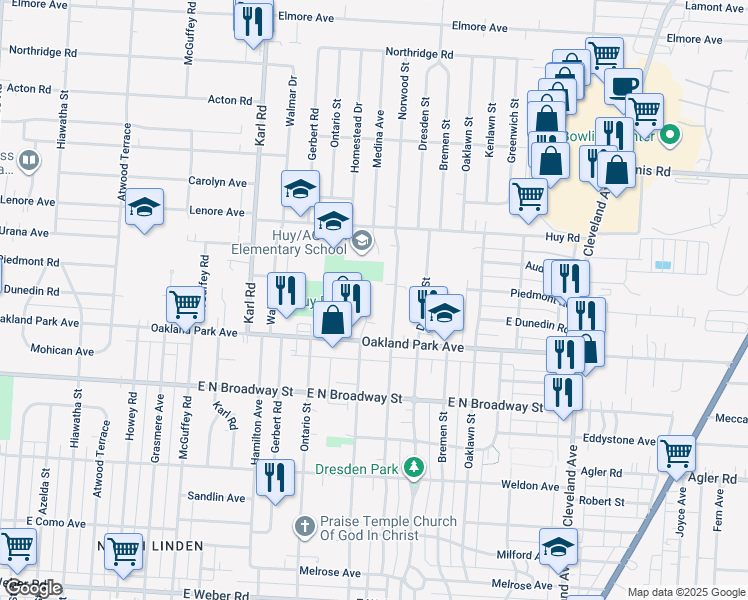map of restaurants, bars, coffee shops, grocery stores, and more near 3272 Medina Avenue in Columbus