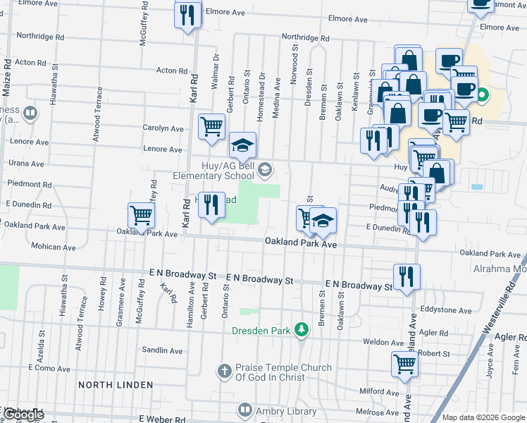 map of restaurants, bars, coffee shops, grocery stores, and more near 3271 Medina Avenue in Columbus