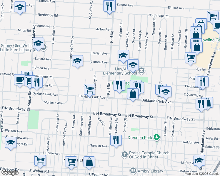 map of restaurants, bars, coffee shops, grocery stores, and more near 3291 Karl Road in Columbus