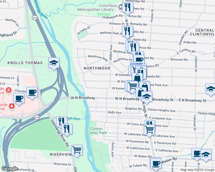 map of restaurants, bars, coffee shops, grocery stores, and more near 147 West Orchard Lane in Columbus
