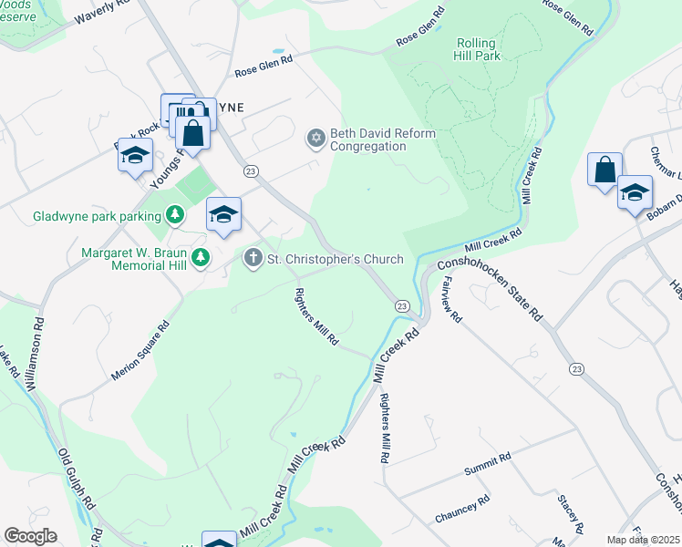 map of restaurants, bars, coffee shops, grocery stores, and more near 1021 Greaves Ln in Gladwyne