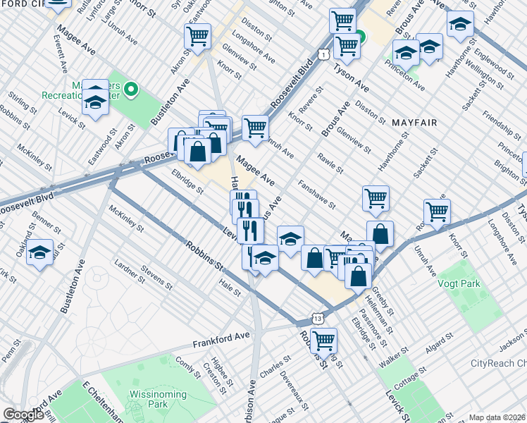 map of restaurants, bars, coffee shops, grocery stores, and more near 2849 Gilham Street in Philadelphia