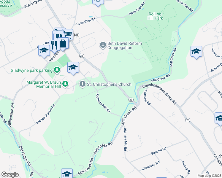 map of restaurants, bars, coffee shops, grocery stores, and more near 1021 Greaves Ln in Gladwyne