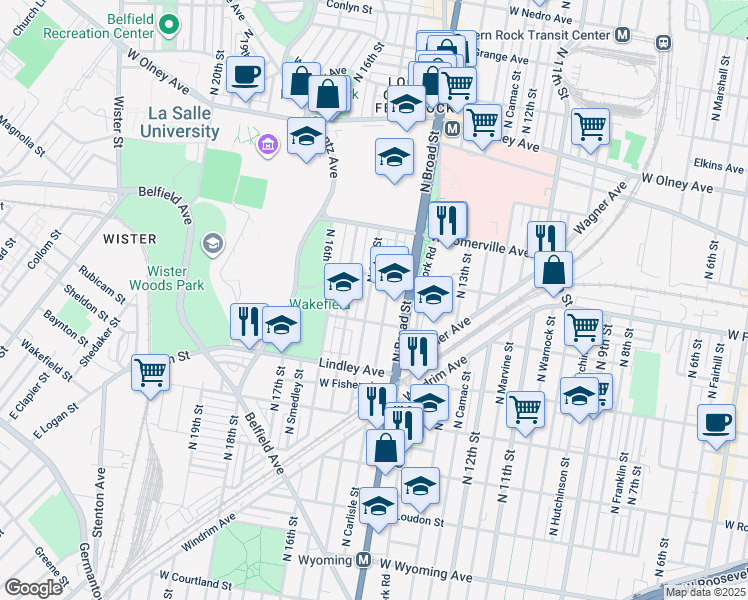 map of restaurants, bars, coffee shops, grocery stores, and more near 5223 North 15th Street in Philadelphia
