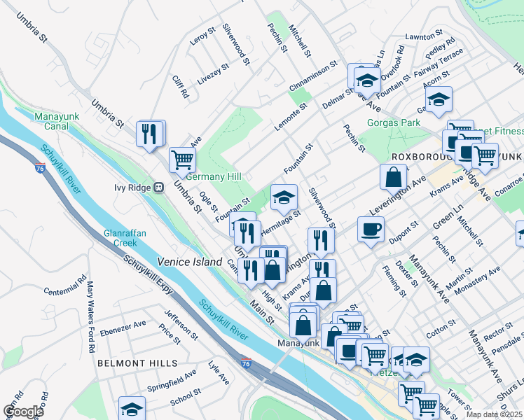map of restaurants, bars, coffee shops, grocery stores, and more near 238 Gates Street in Philadelphia