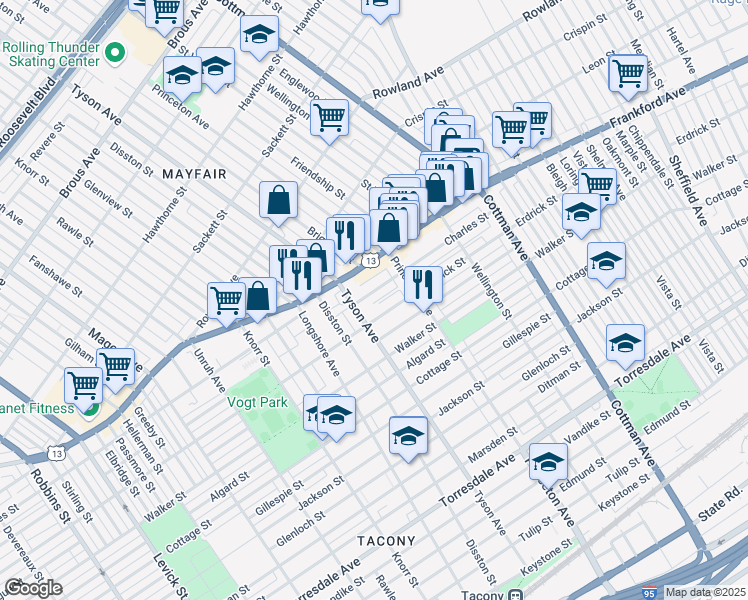 map of restaurants, bars, coffee shops, grocery stores, and more near 7019 Charles Street in Philadelphia