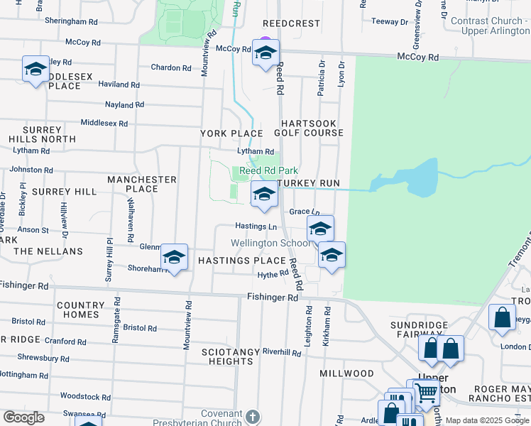 map of restaurants, bars, coffee shops, grocery stores, and more near 1850 Hastings Lane in Upper Arlington