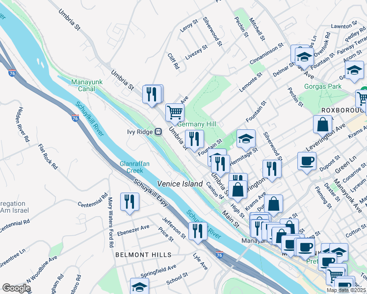map of restaurants, bars, coffee shops, grocery stores, and more near 4834 Umbria Street in Philadelphia