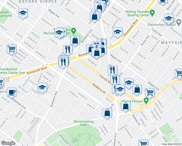 map of restaurants, bars, coffee shops, grocery stores, and more near 6340 Farnsworth Street in Philadelphia