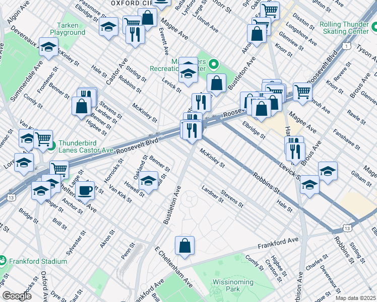 map of restaurants, bars, coffee shops, grocery stores, and more near 1949 Devereaux Avenue in Philadelphia