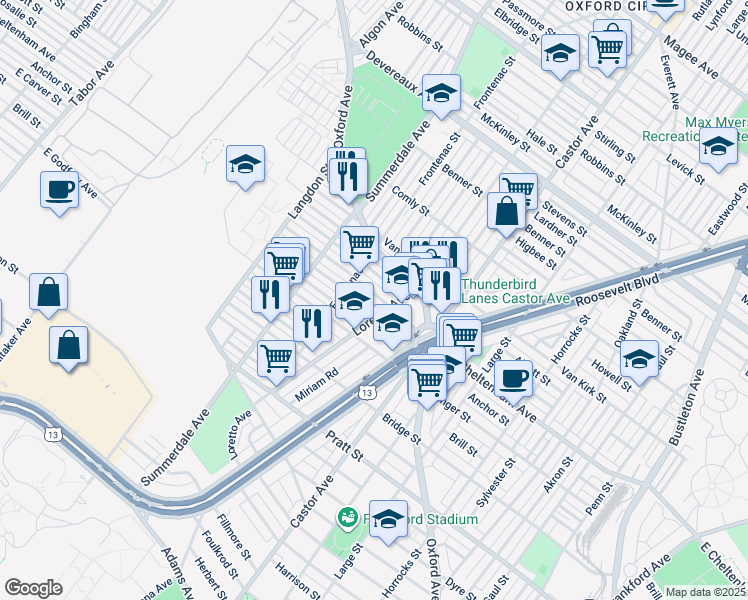 map of restaurants, bars, coffee shops, grocery stores, and more near 1234 East Cheltenham Avenue in Philadelphia