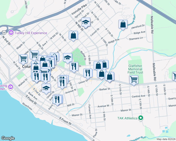 map of restaurants, bars, coffee shops, grocery stores, and more near 208 South 8th Street in Columbia
