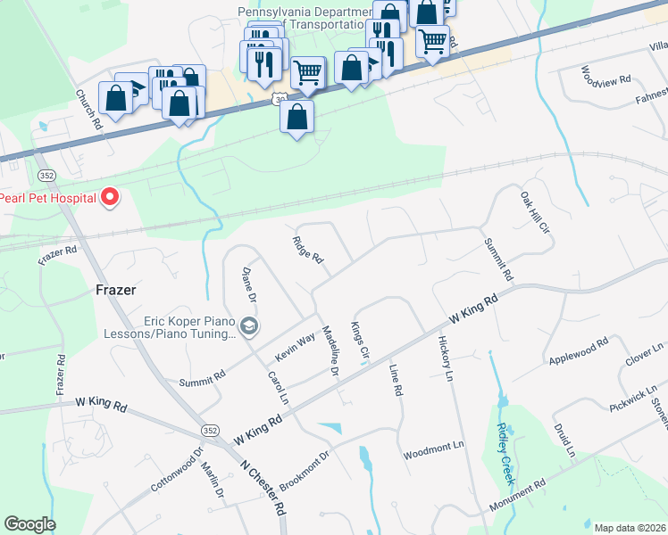 map of restaurants, bars, coffee shops, grocery stores, and more near 22 Ridge Road in Malvern