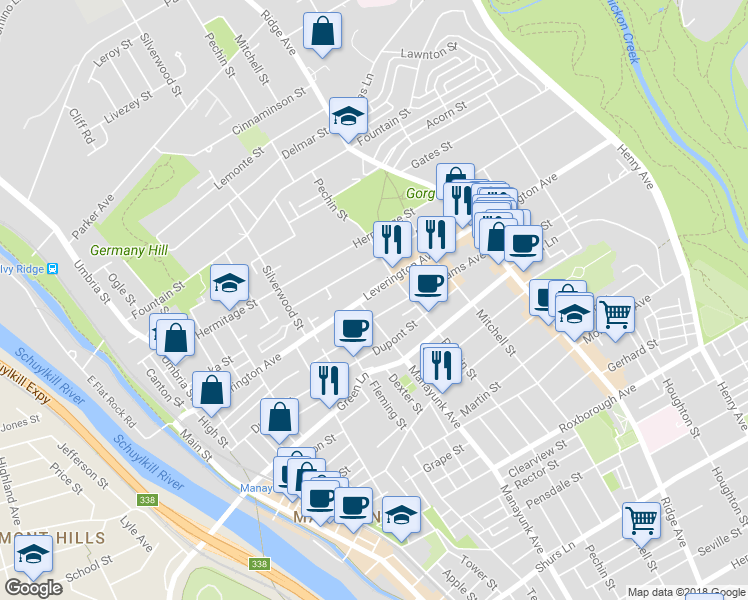 map of restaurants, bars, coffee shops, grocery stores, and more near 379 Leverington Avenue in Philadelphia